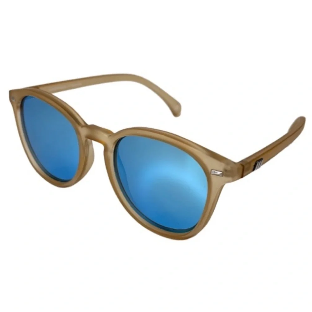 LE SPECS Bandwagon Sunglasses NEW Raw Sugar Frame With Blue Mirror Lens